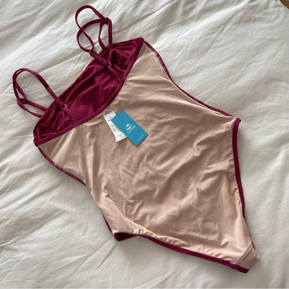 Cupshe Square Neck Ruched Burgundy One Piece Swimsuit, Size M - Picture 6 of 11